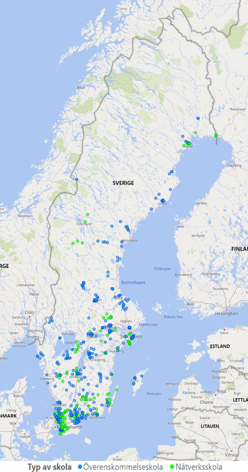 Sverigekarta markerad med prickar där det finns skolor kopplade till rörelsesatsningen